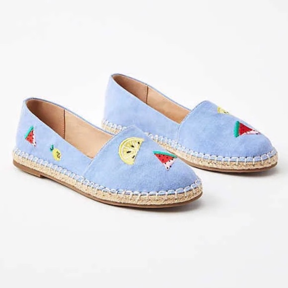 🌹NWT:LOFT CHAMBRAY FRUIT EMBROIDERED ESPADRILLE SLIP ON FLATS - Picture 1 of 7